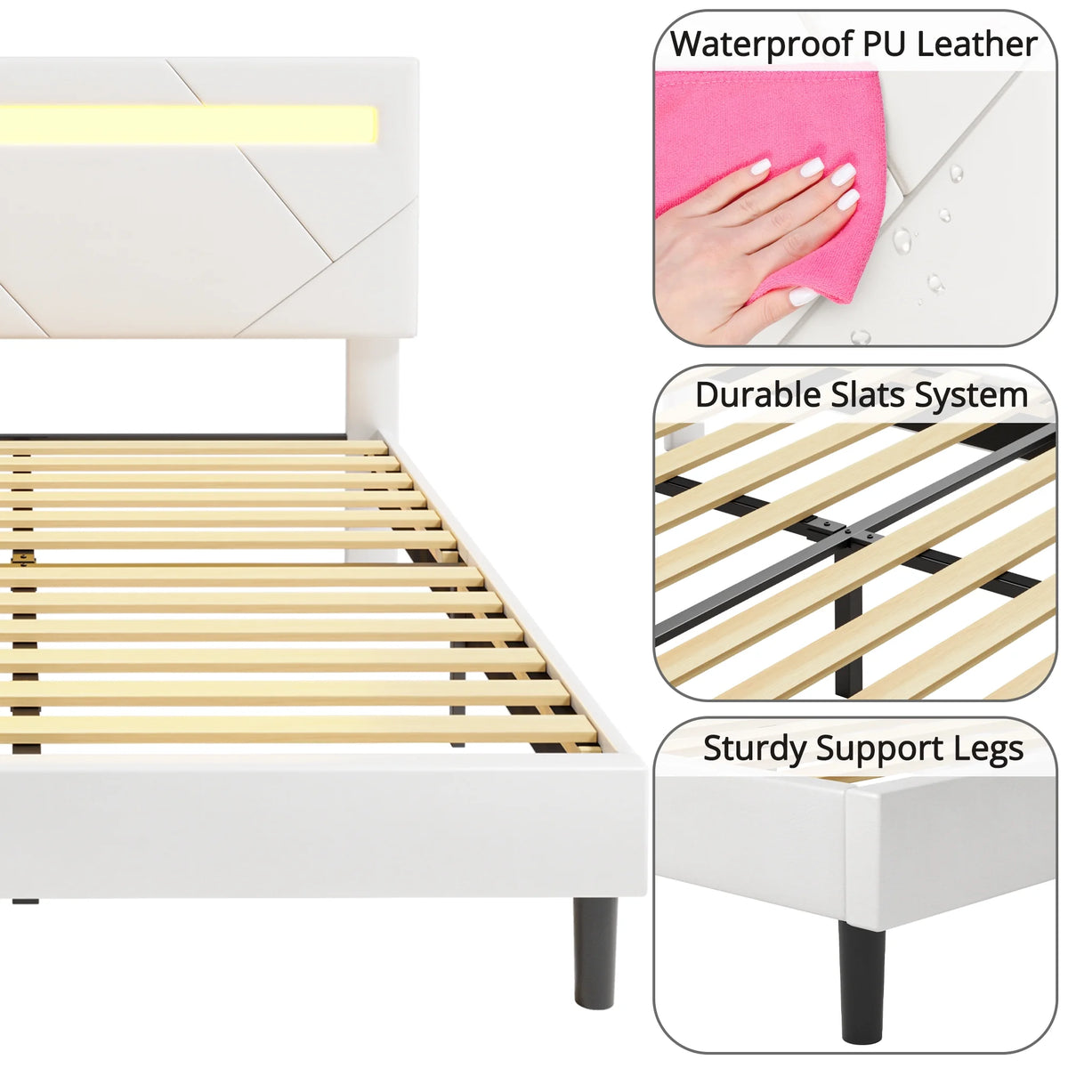 Twin Bed Frame with LED Lights and Adjustable Upholstered Headboard X6078