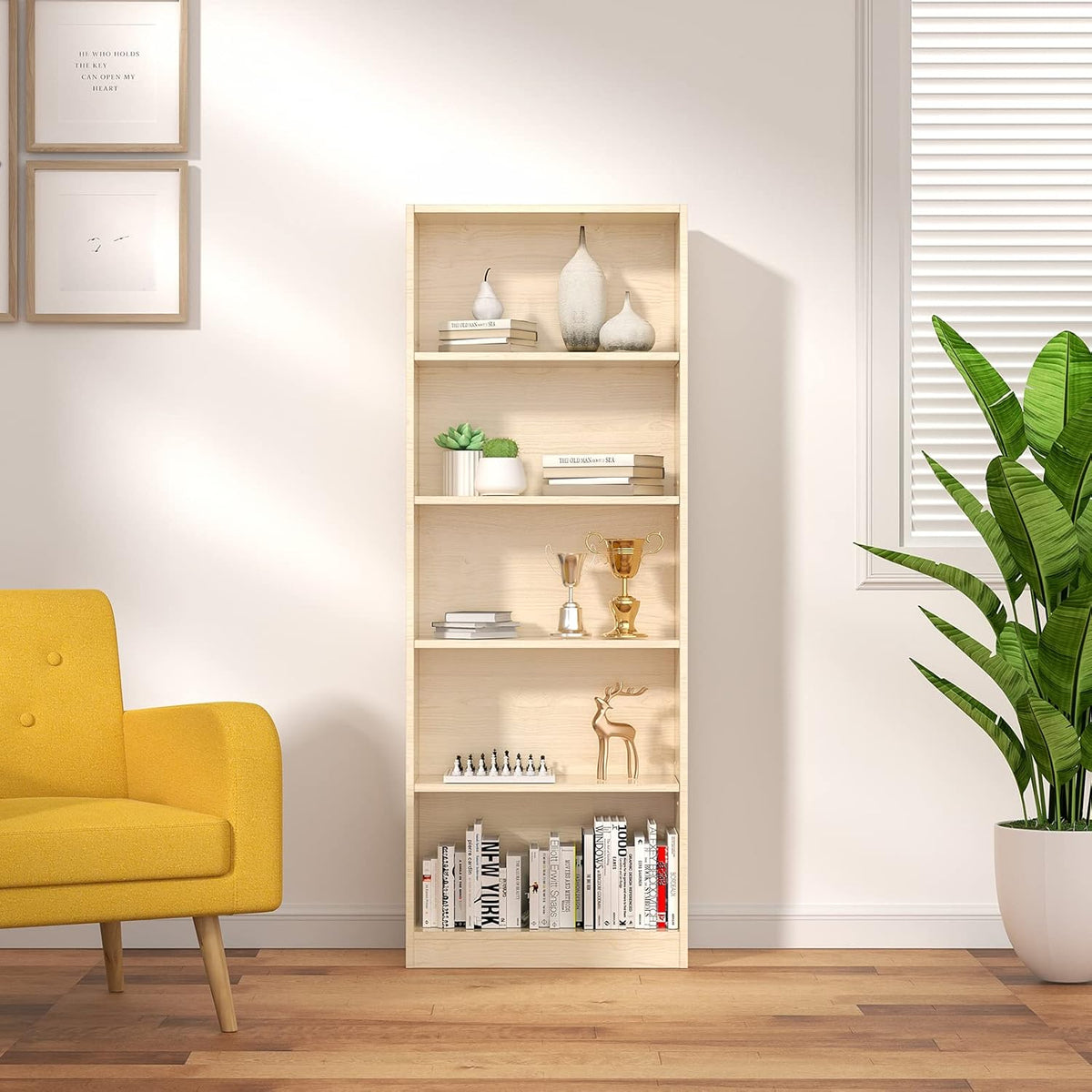 5 Shelf Black Bookcase with 3 Adjustable Shelves S324