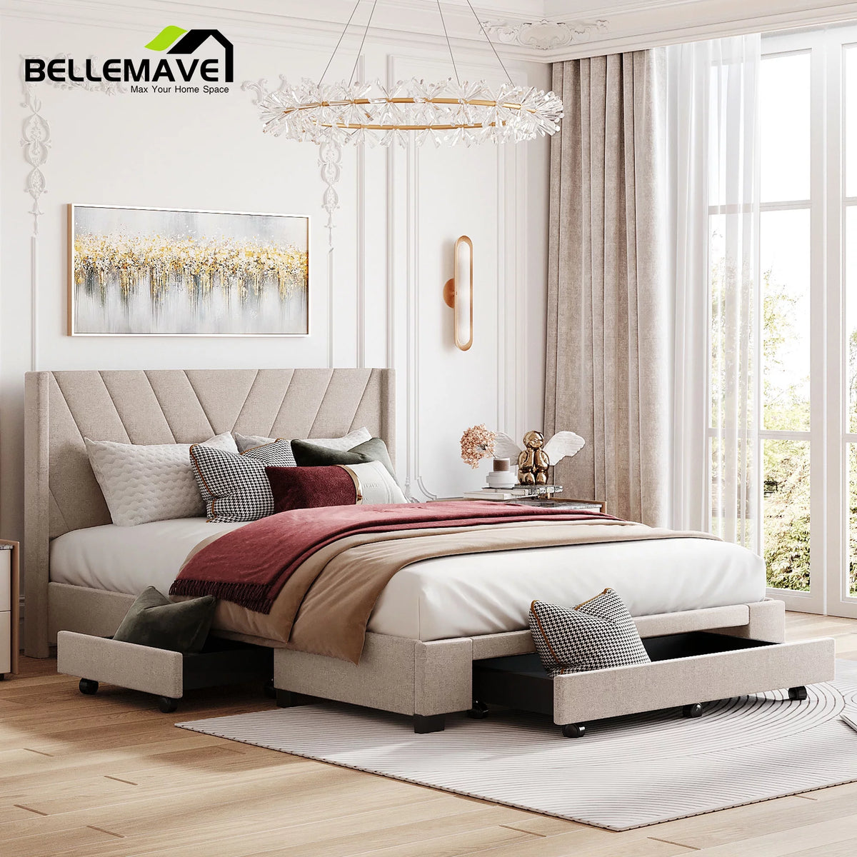 Beige Linen Upholstery Queen Size Platform Bed with 3 Drawers Y1080