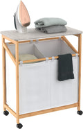 Bamboo Laundry Hamper Cart with Ironing Board Folding Station, Dual Compartments with Divider, Natural Finish Z53499