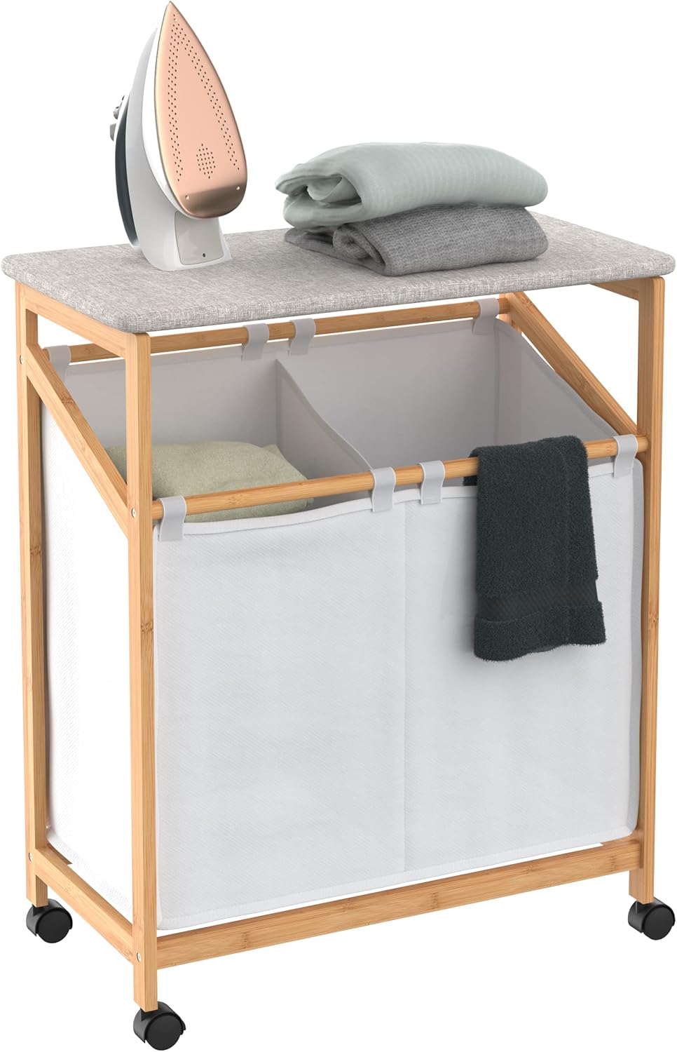Bamboo Laundry Hamper Cart with Ironing Board Folding Station, Dual Compartments with Divider, Natural Finish Z53499
