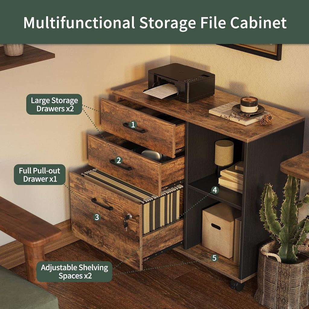 Triple Motor L-Shaped Electric Standing Desk with 3 Drawers, 63 x 24 Inches Rustic Brown Top/Black Frame E66802
