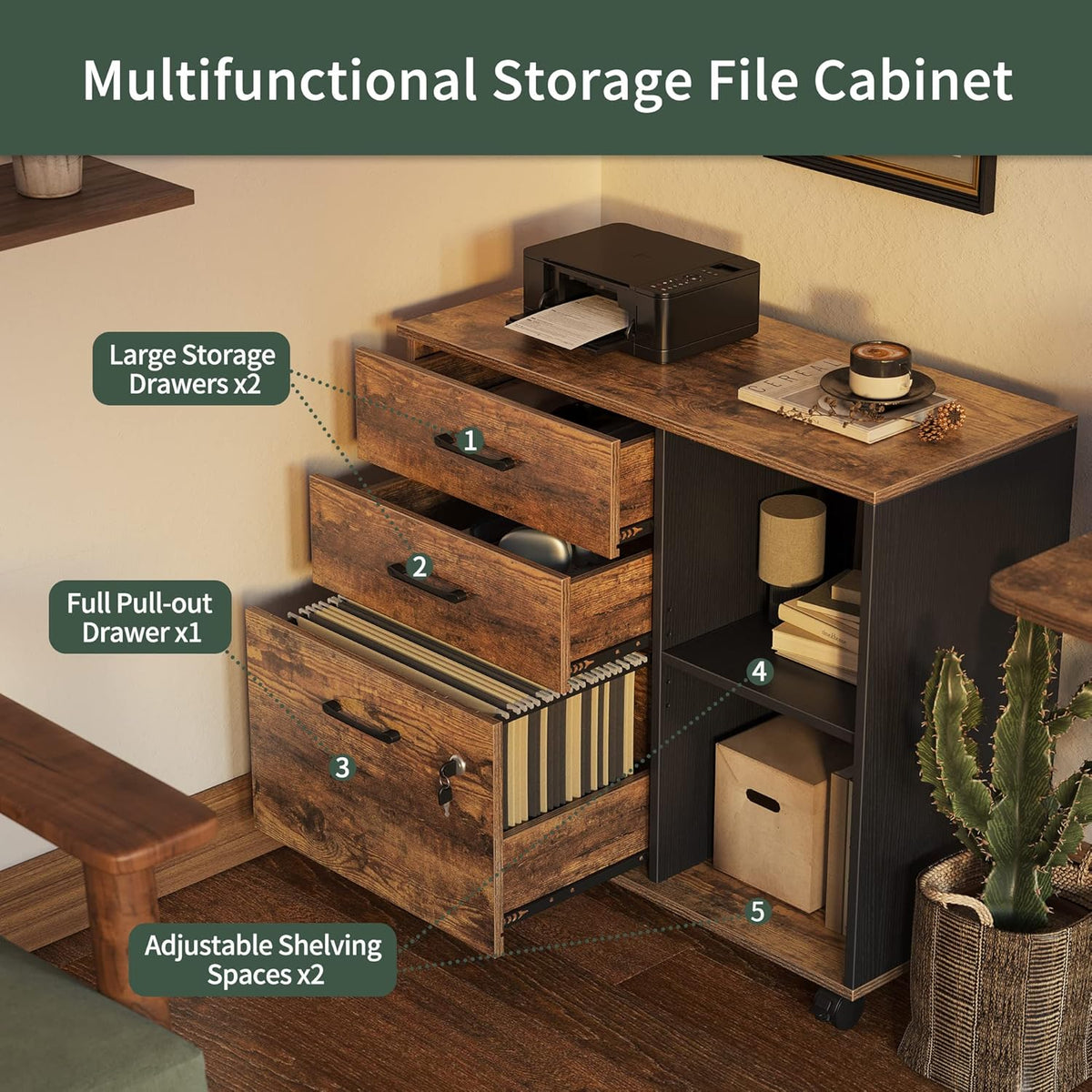 Triple Motor L-Shaped Electric Standing Desk with 3 Drawers, 63 x 24 Inches Rustic Brown Top/Black Frame E66802