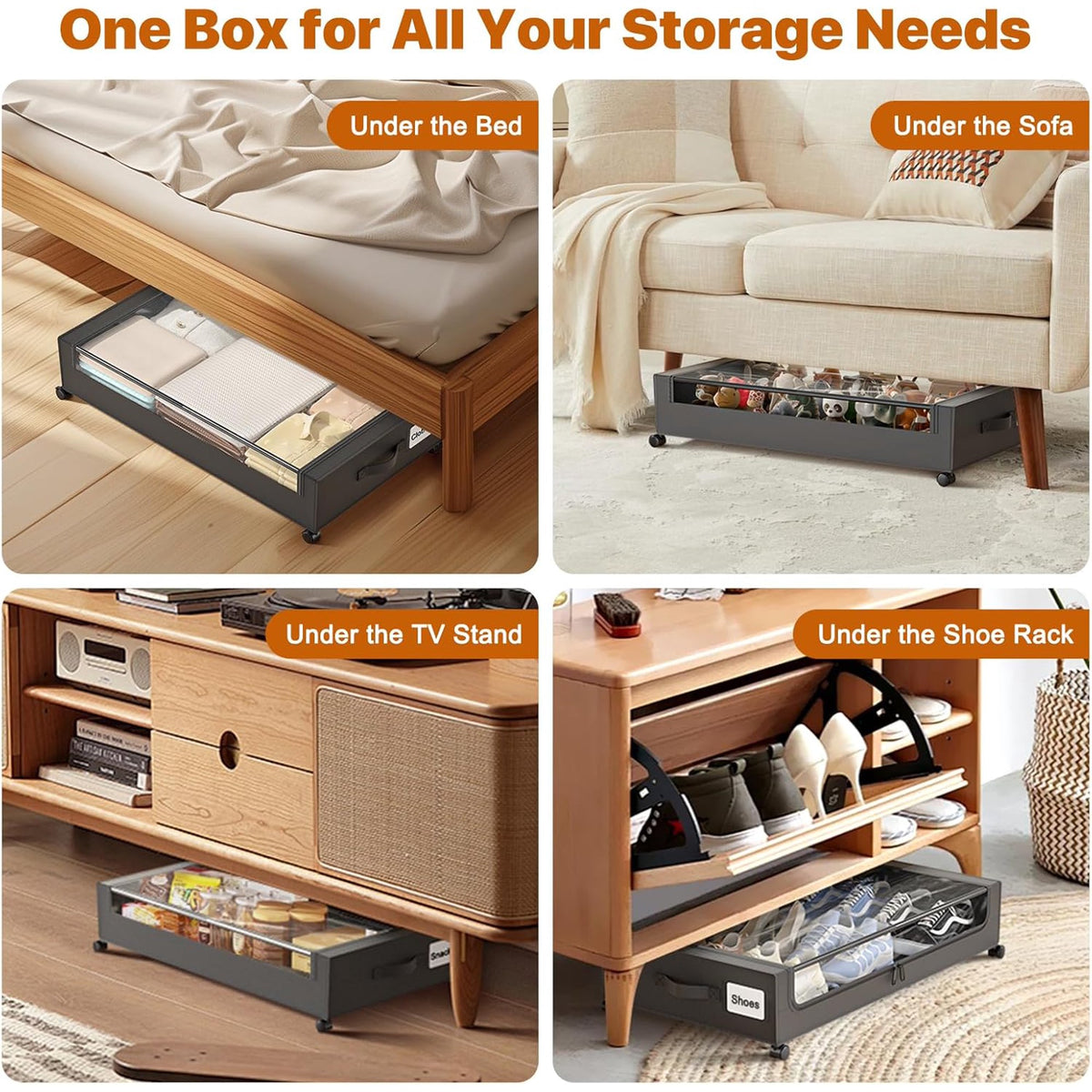 White 4 Pack 60L Under Bed Storage Bins with Wheels and Clear Lids C558