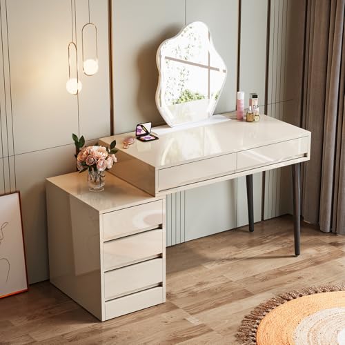 Beige Glossy Desk with 5 Drawers P271370