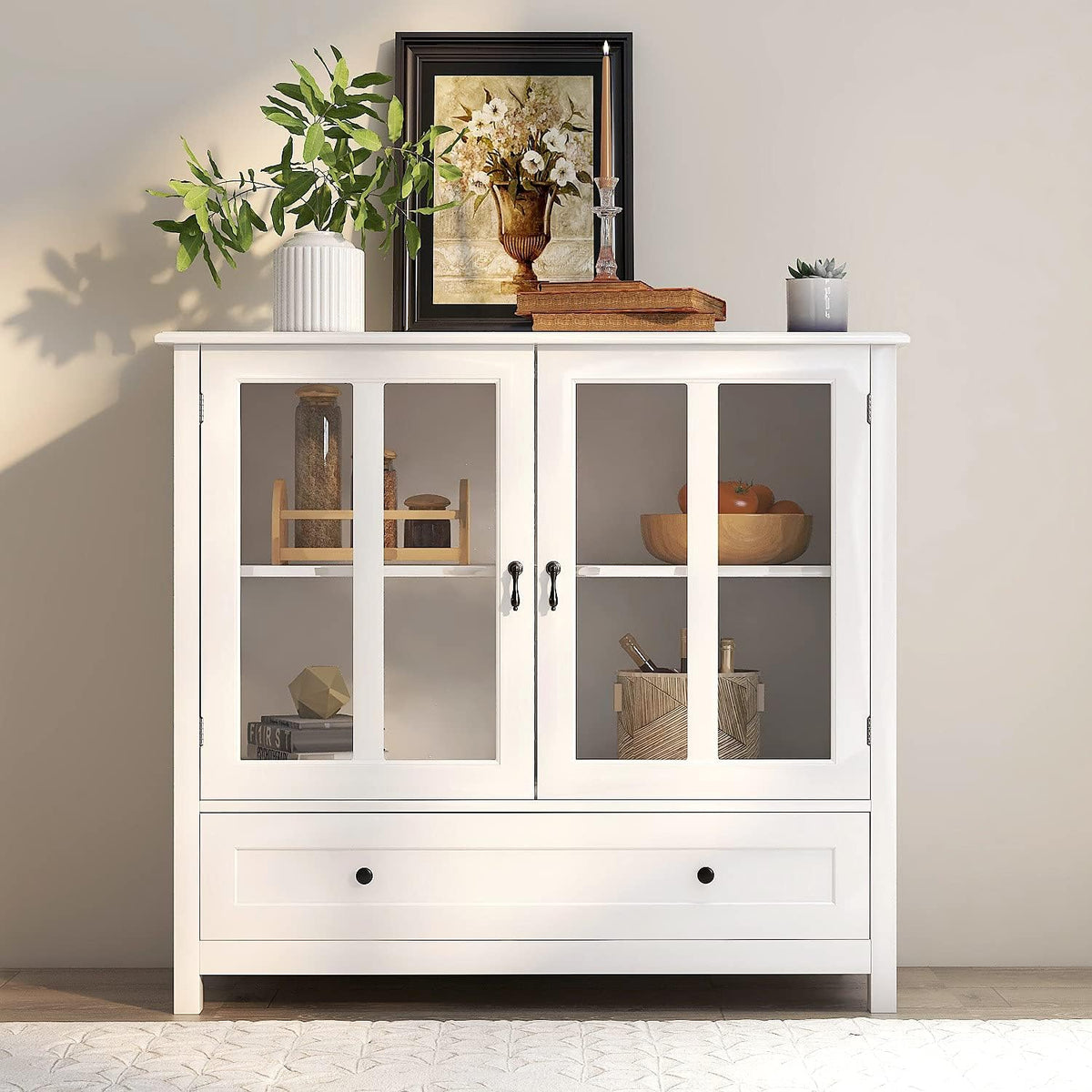 White Storage Cabinet with Glass Doors and Drawer C391242
