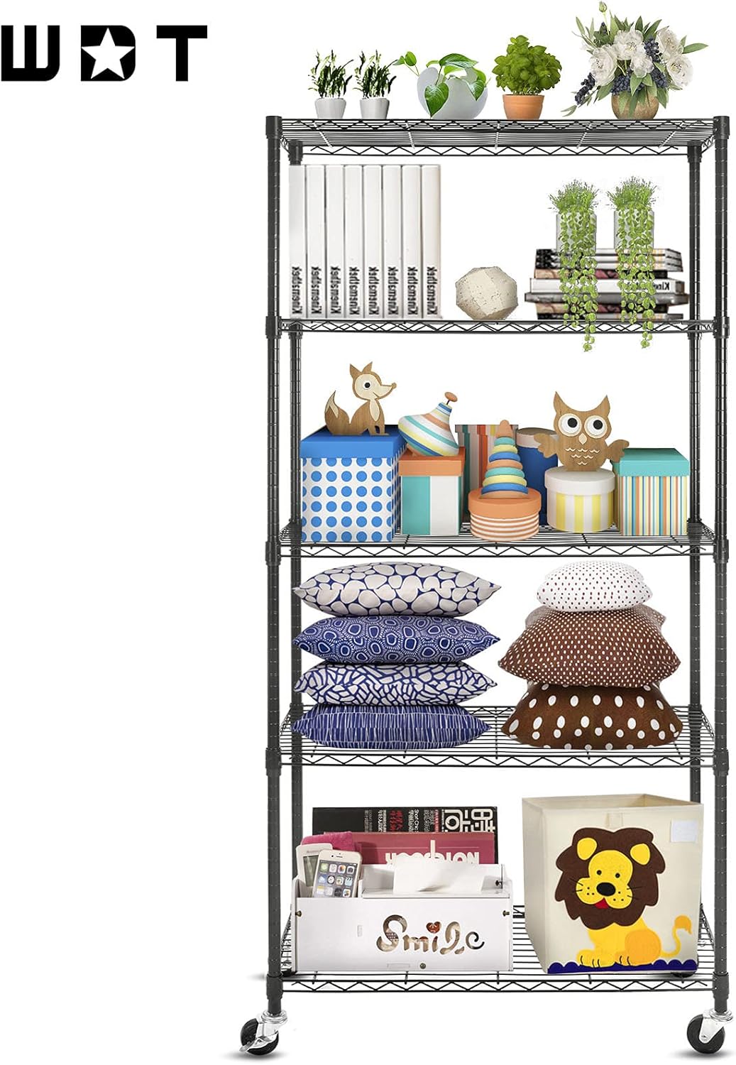 Black 5-Shelf Heavy Duty Metal Wire Shelving Unit on Wheels W637352