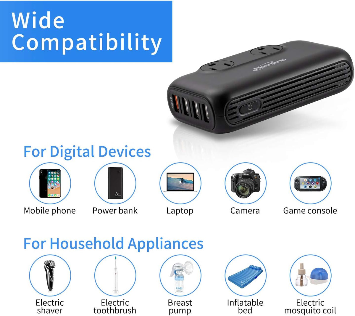 200W Car Power Inverter DC 12V to 110V AC with USB and QC 3.0 Ports I603006