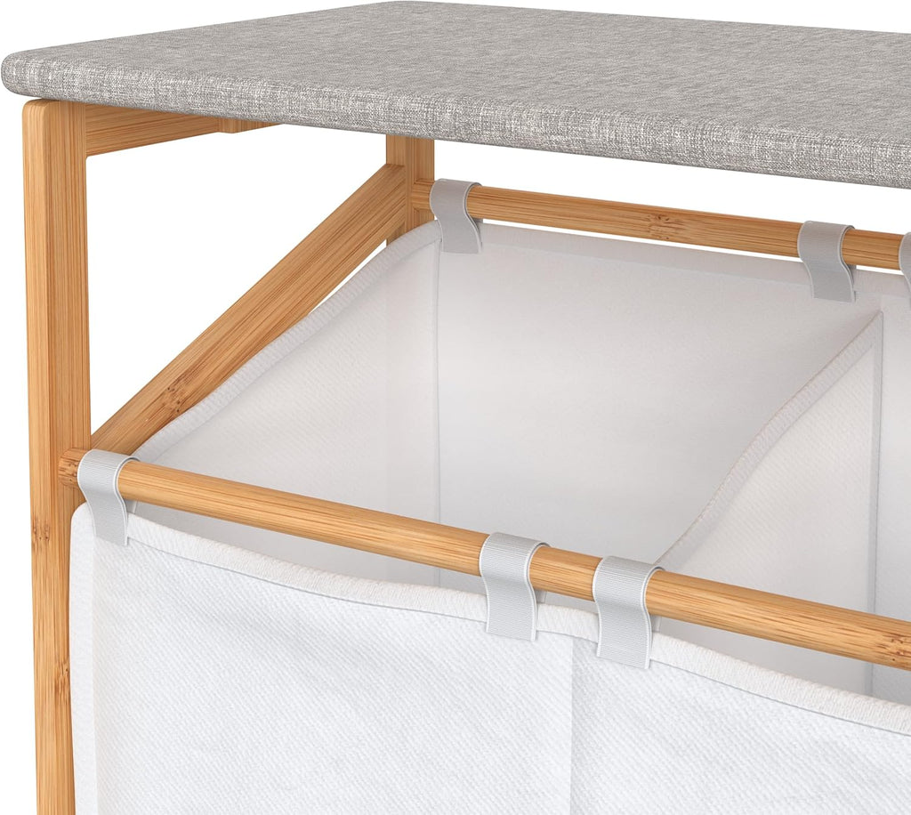 Bamboo Laundry Hamper Cart with Ironing Board Folding Station, Dual Compartments with Divider, Natural Finish Z53499