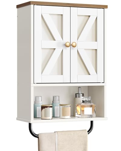 White and Walnut Bathroom Wall Cabinet with Towel Bar Y563