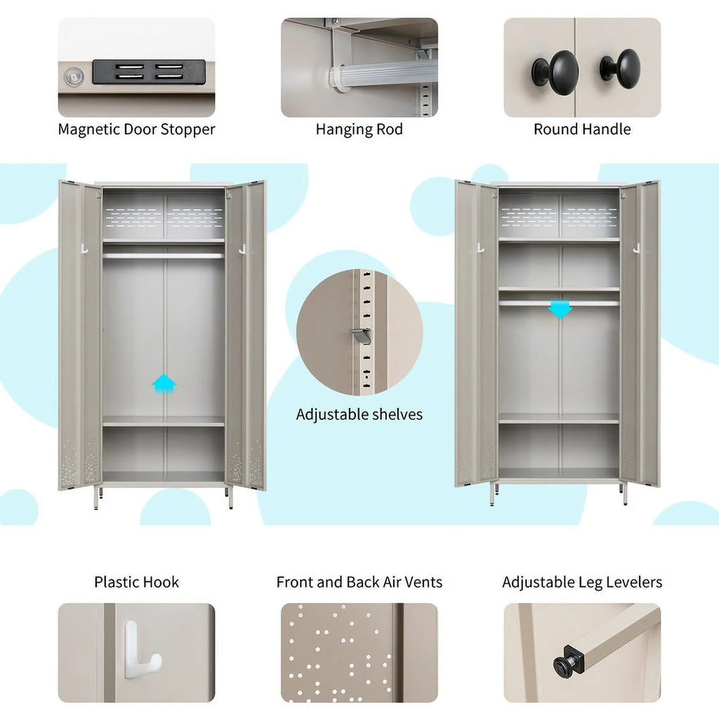 Metal Storage Wardrobe Cabinet with Adjustable Hanging Rod K205394