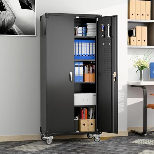 Black 72" H Metal Storage Cabinet with 2 Doors and 4 Adjustable Shelves H829