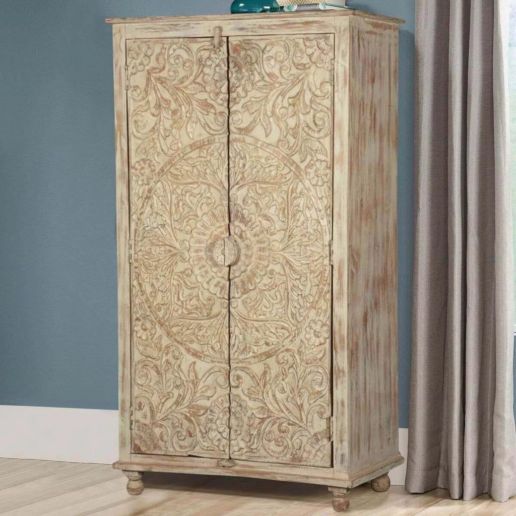 Solid Wood Distressed White Armoire with Shelves L182