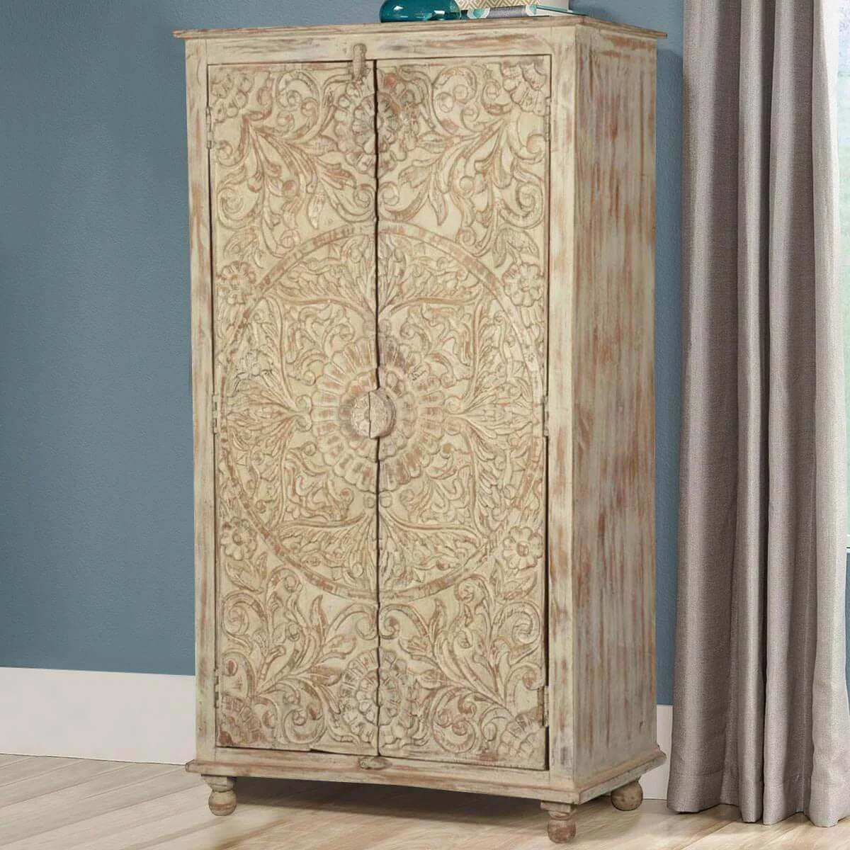 Solid Wood Distressed White Armoire with Shelves L182