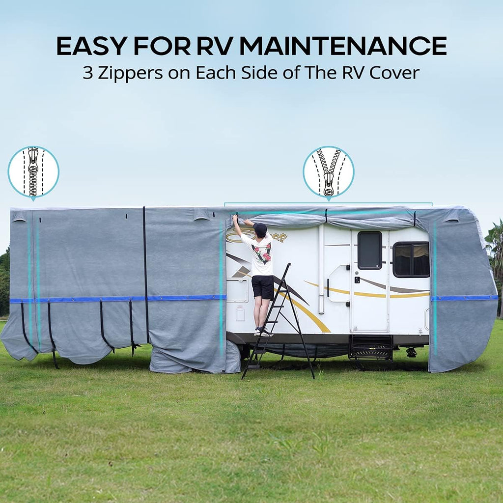 RV Cover, Extra-Thick 6-ply, Fits 29-32Ft Motorhome, Breathable Waterproof Rip-Stop Anti-UV with 2 Windproof Straps, 4 Tire Covers Q93325