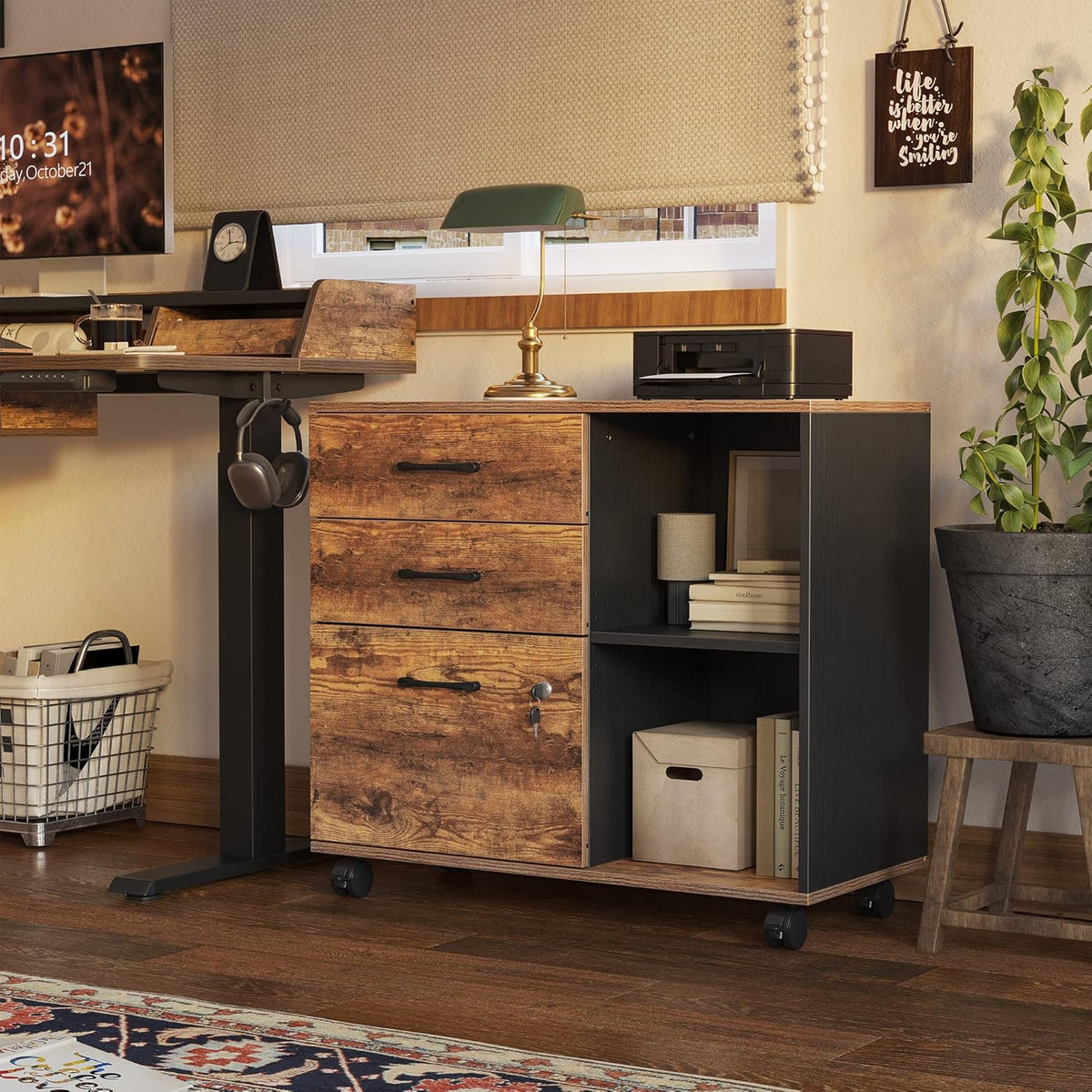 Triple Motor L-Shaped Electric Standing Desk with 3 Drawers, 63 x 24 Inches Rustic Brown Top/Black Frame E66802