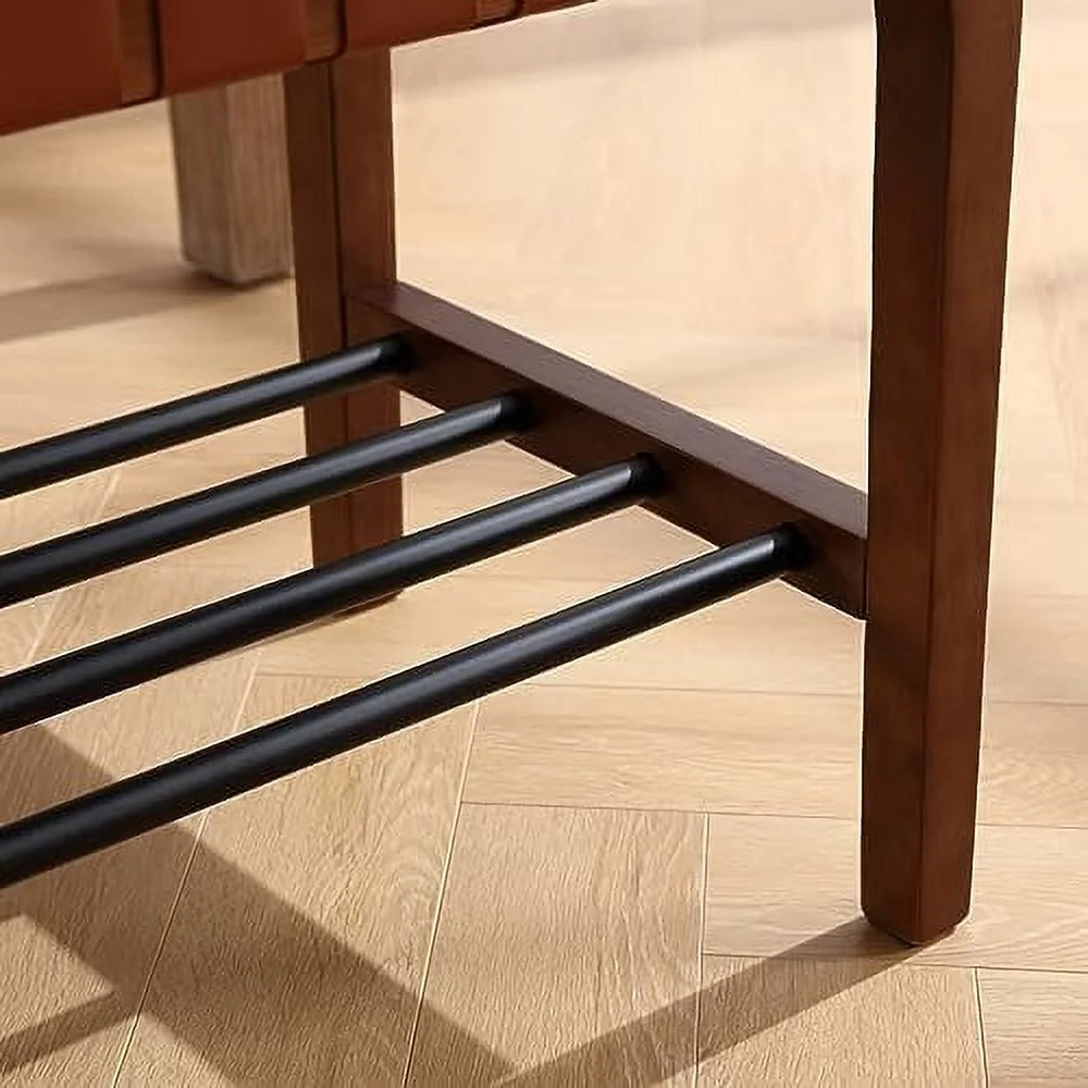 Brown 45 Inch Woven Wood Accent Bench with Metal Shoe Rack Q941245