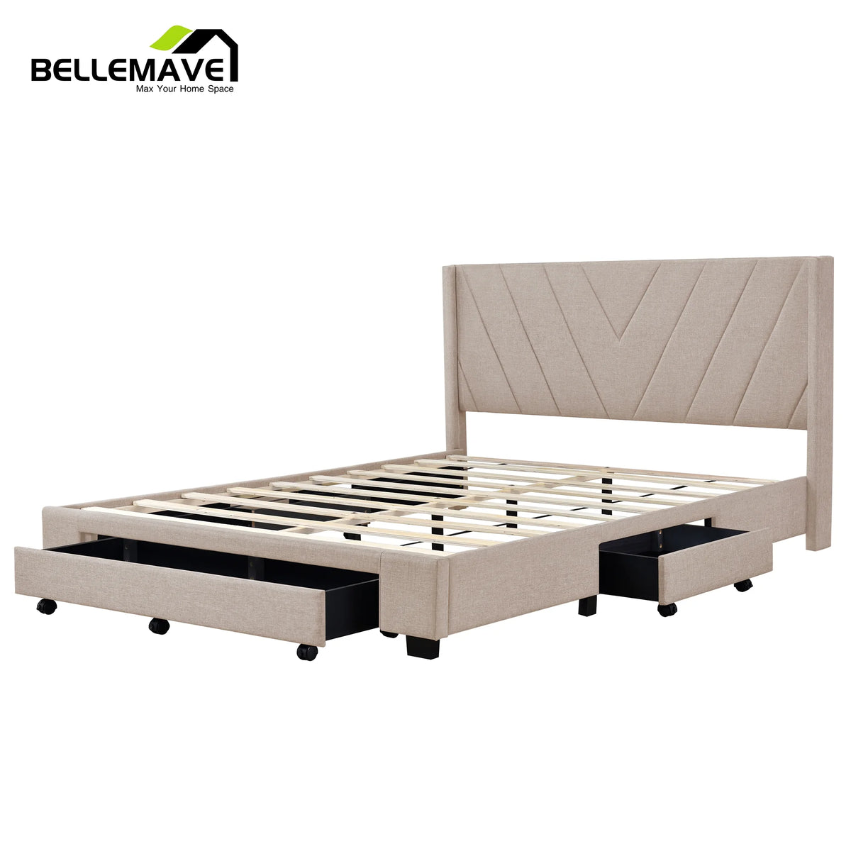 Beige Linen Upholstery Queen Size Platform Bed with 3 Drawers Y1080