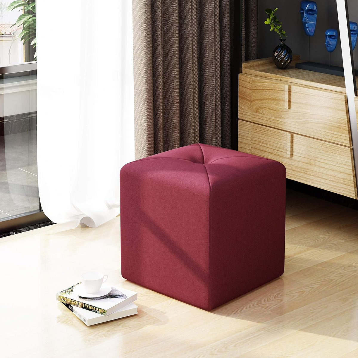 Deep Red Fabric Square Ottoman Pack of 2 Z8550