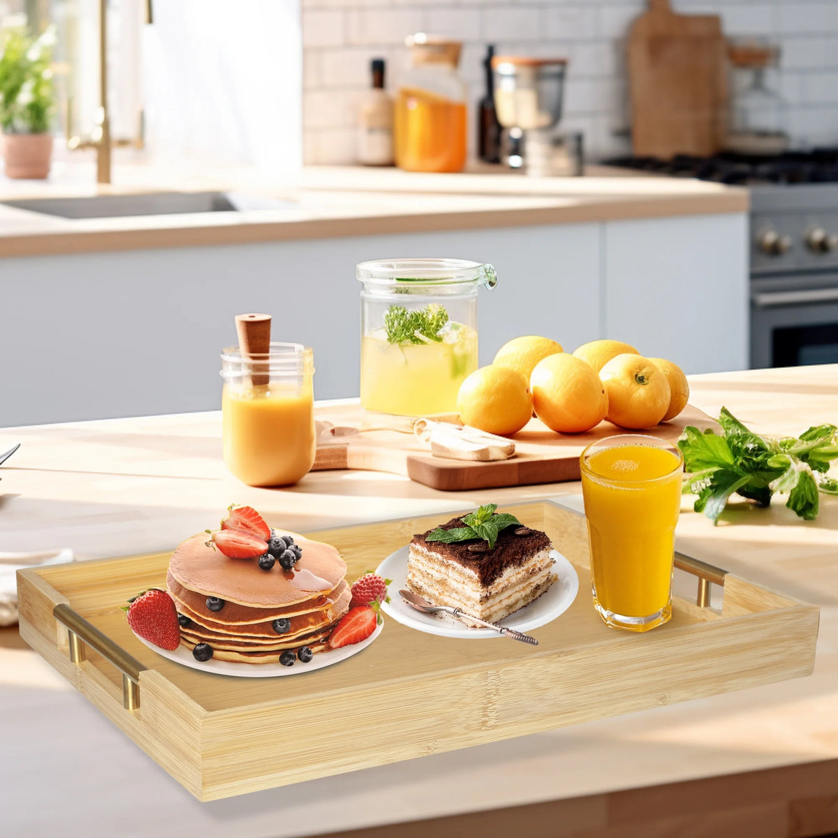 Bamboo Serving Trays with Metal Handles T94299