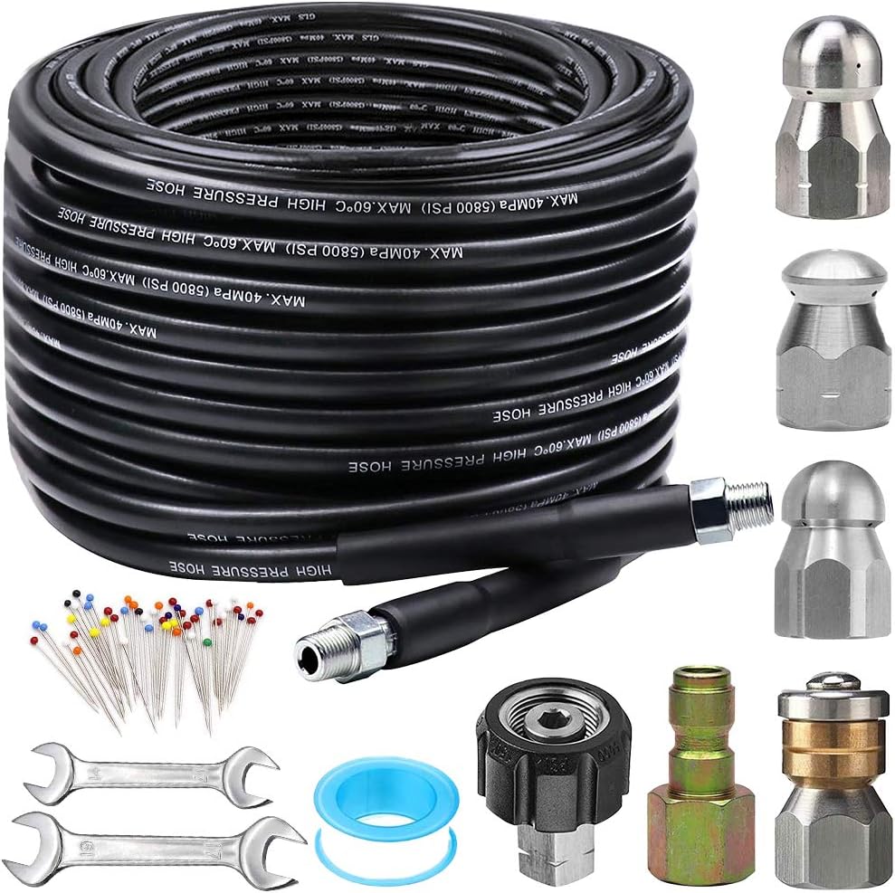 Sewer Jetter Kit for Pressure Washer 50FT, 5800PSI Drain Cleaner Hose 1/4 Inch NPT, Rotating Sewer Jetting Nozzle, Waterproof Tape Pack of 2 F9166