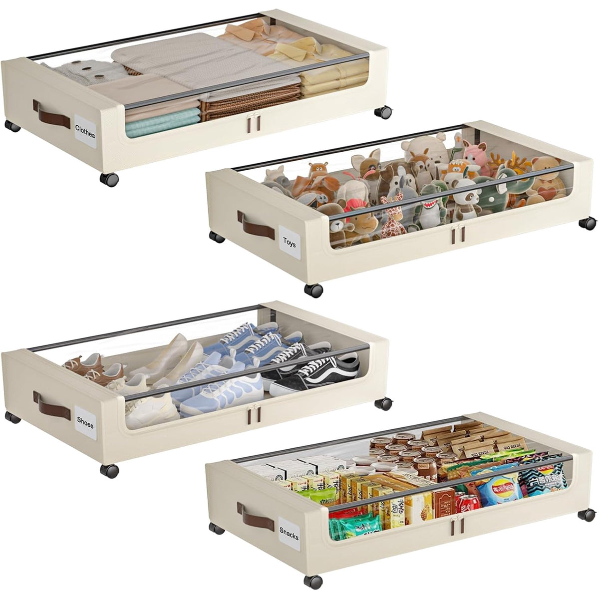 White 4 Pack 60L Under Bed Storage Bins with Wheels and Clear Lids C558