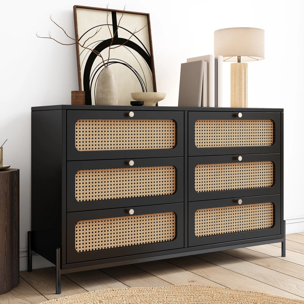 Black 6-Drawer Rattan Wood Dresser Q434645
