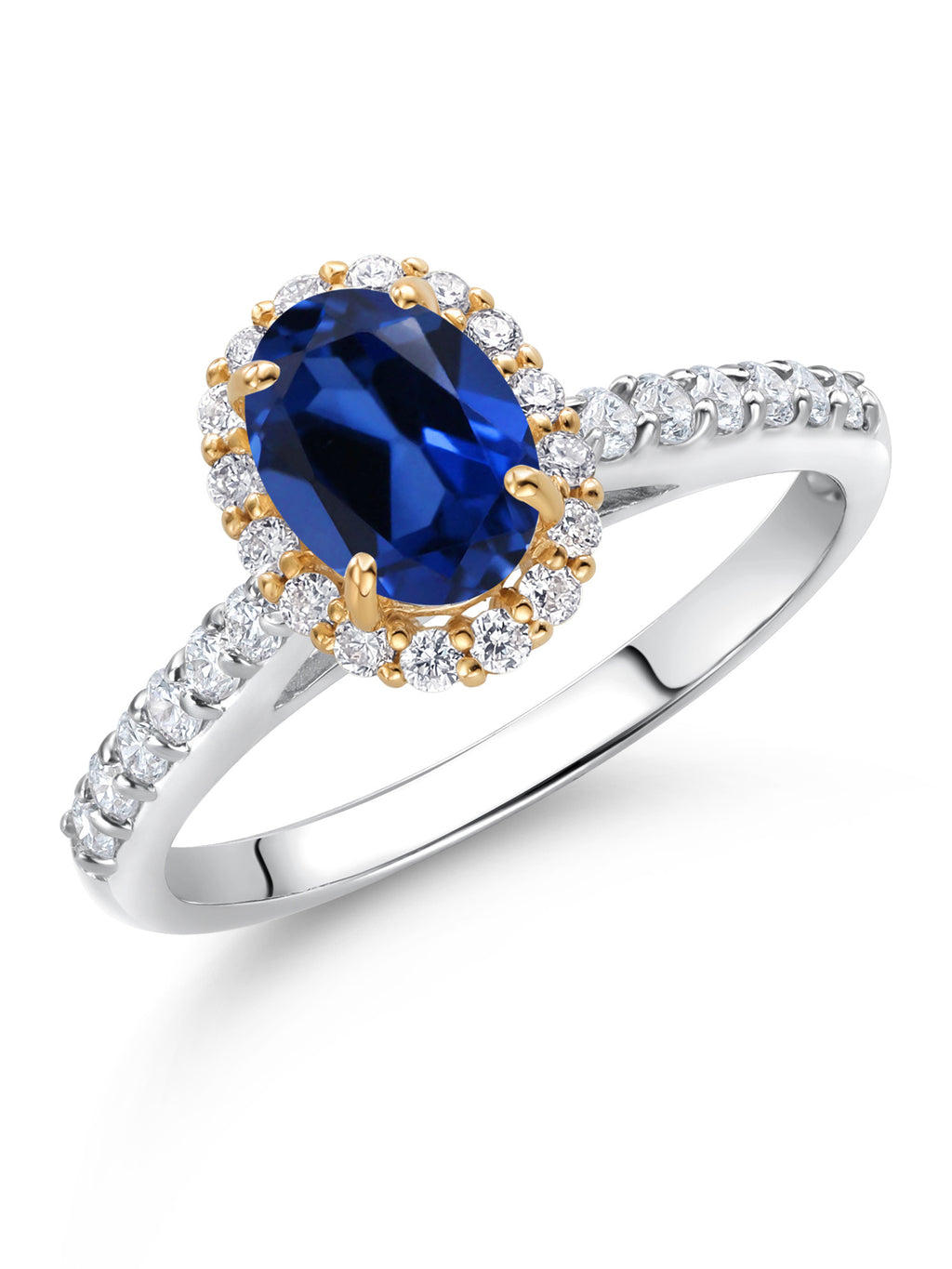 10K White Gold Blue Created Sapphire Lab Grown Diamond Halo Engagement Ring (1.31 Cttw, Oval 7X5MM) L132676