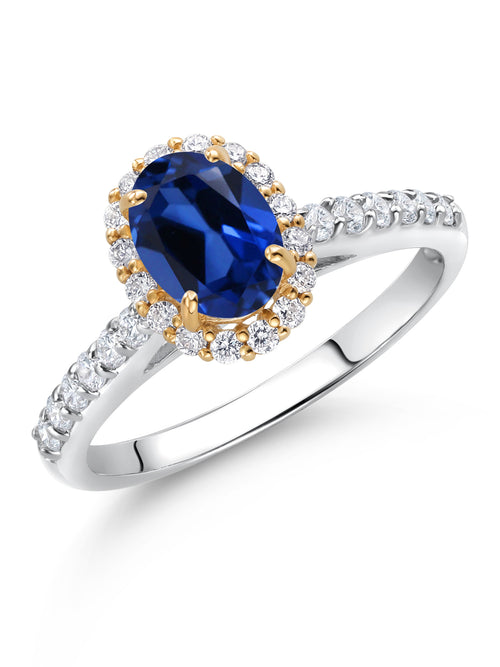 10K White Gold Blue Created Sapphire Lab Grown Diamond Halo Engagement Ring (1.31 Cttw, Oval 7X5MM) L132676