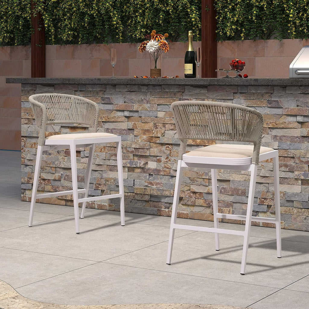 Set of 2 White Aluminum Rattan Barstools with Backrest and Cushion Y259410