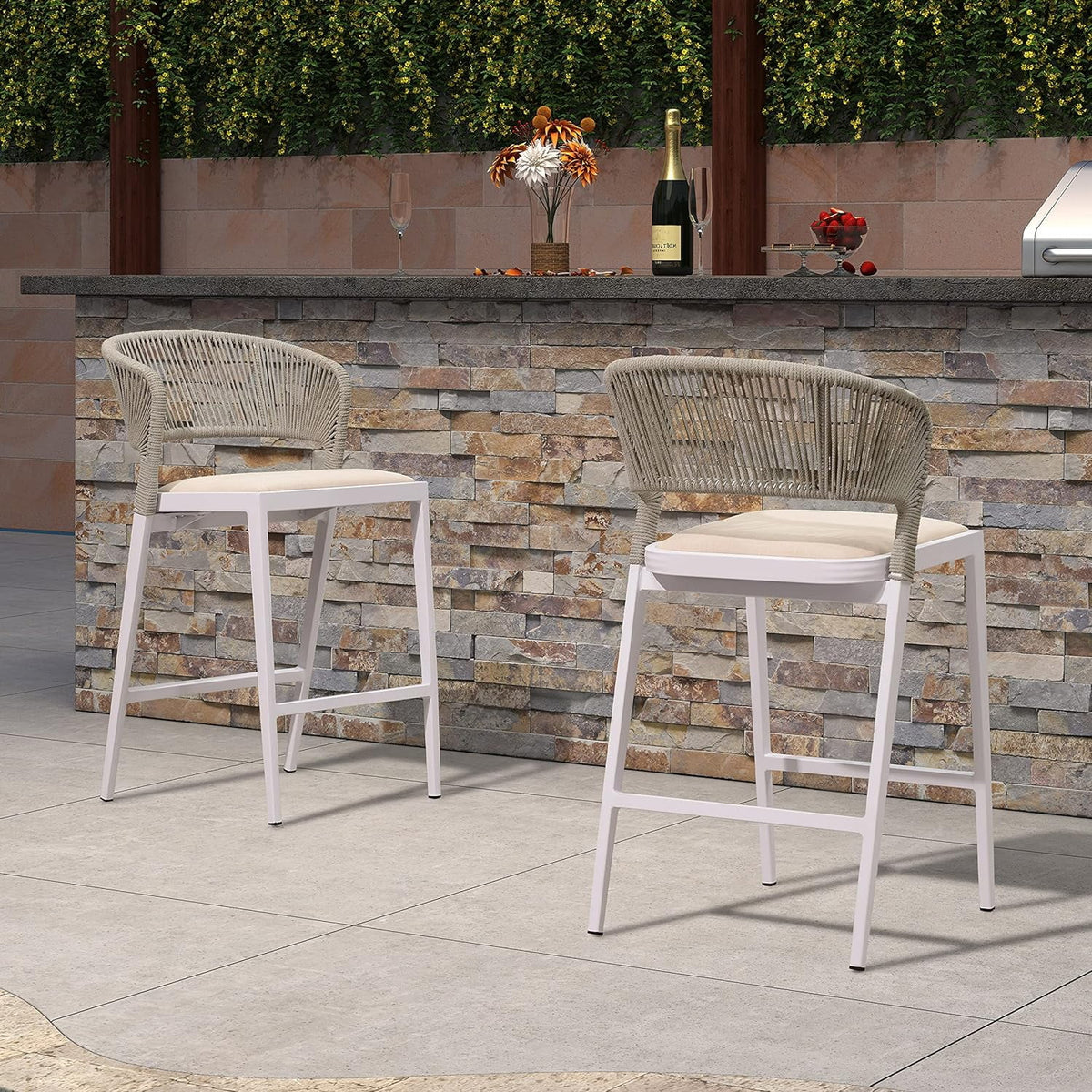 Set of 2 White Aluminum Rattan Barstools with Backrest and Cushion Y259410