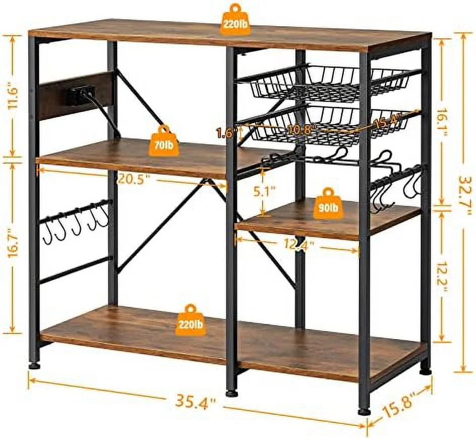 Bakers Rack with Wire Basket 7 Hooks Metal Frame Wood Organizer R95170