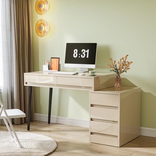 Beige Glossy Desk with 5 Drawers P271370