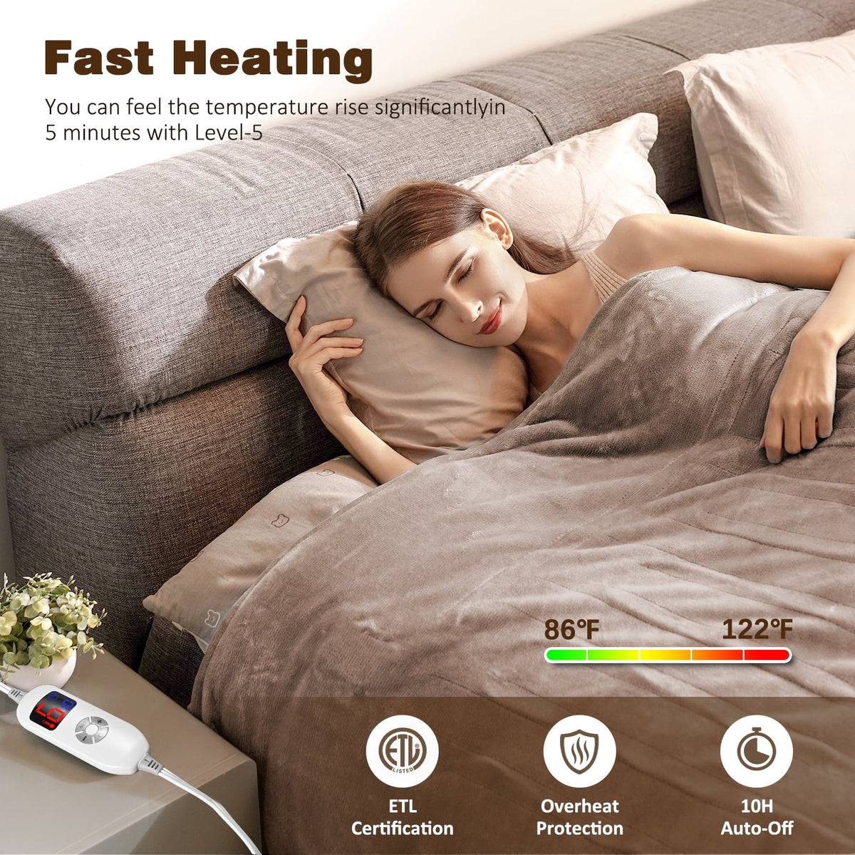 King Size Camel Flannel Heated Blanket G8826