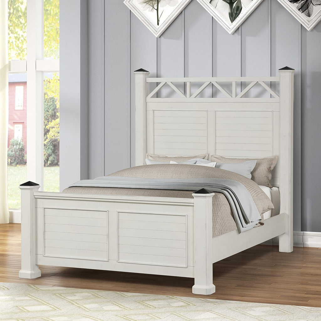 Antique White Queen Wood Panel Bed with Dresser, Mirror and Nightstand M2404