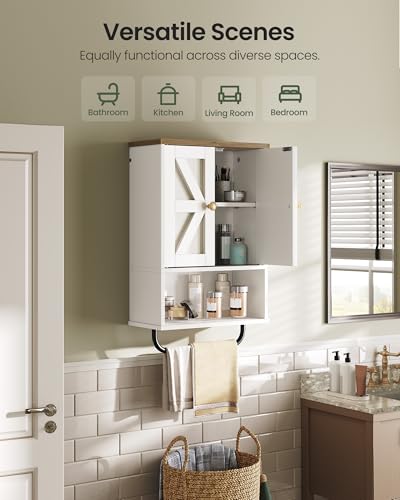 White and Walnut Bathroom Wall Cabinet with Towel Bar Y563