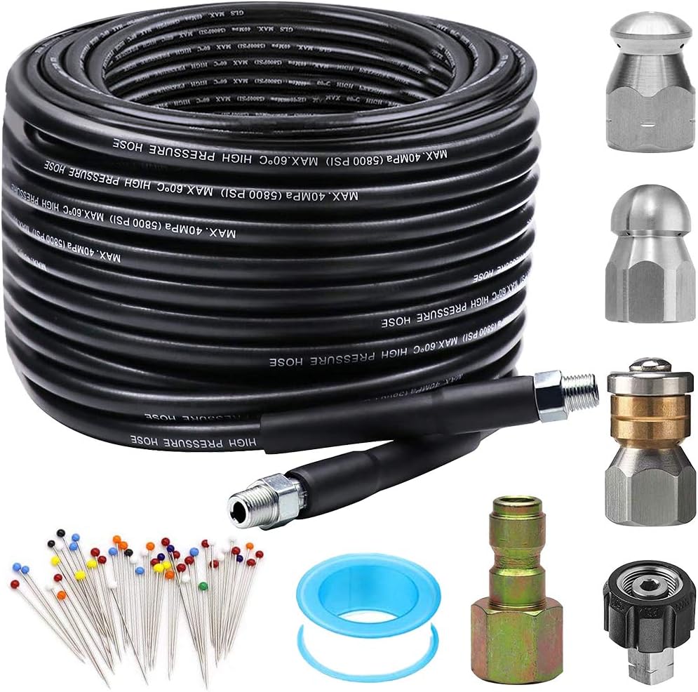 Sewer Jetter Kit for Pressure Washer 50FT, 5800PSI Drain Cleaner Hose 1/4 Inch NPT, Rotating Sewer Jetting Nozzle, Waterproof Tape Pack of 2 F9166