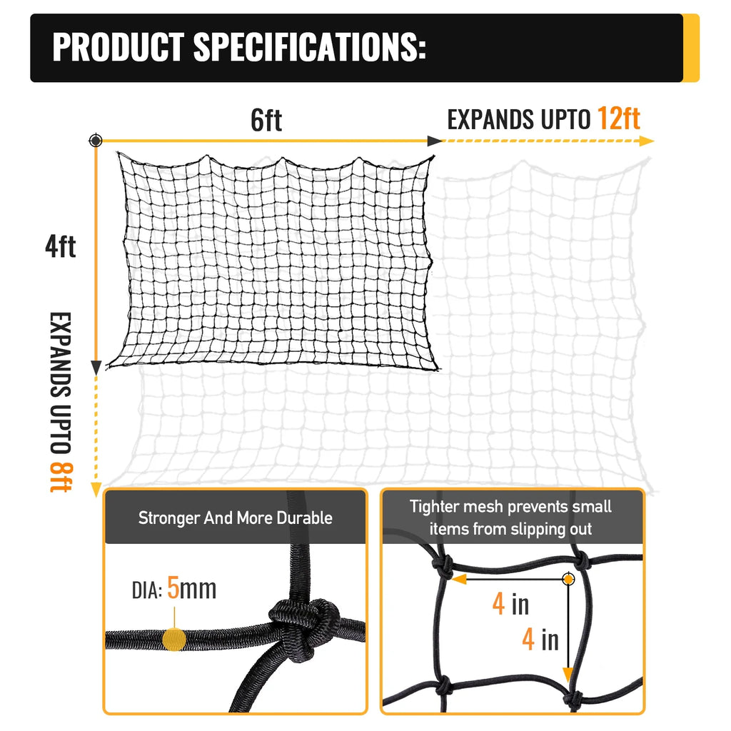 4'x6' Bungee Cargo Net Stretches to 8'x12' with 24 Universal Hooks B17077