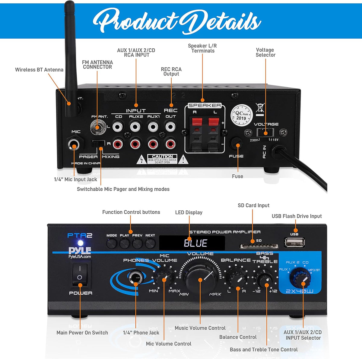 2X40W Bluetooth Dual Channel Stereo Amplifier Q4399