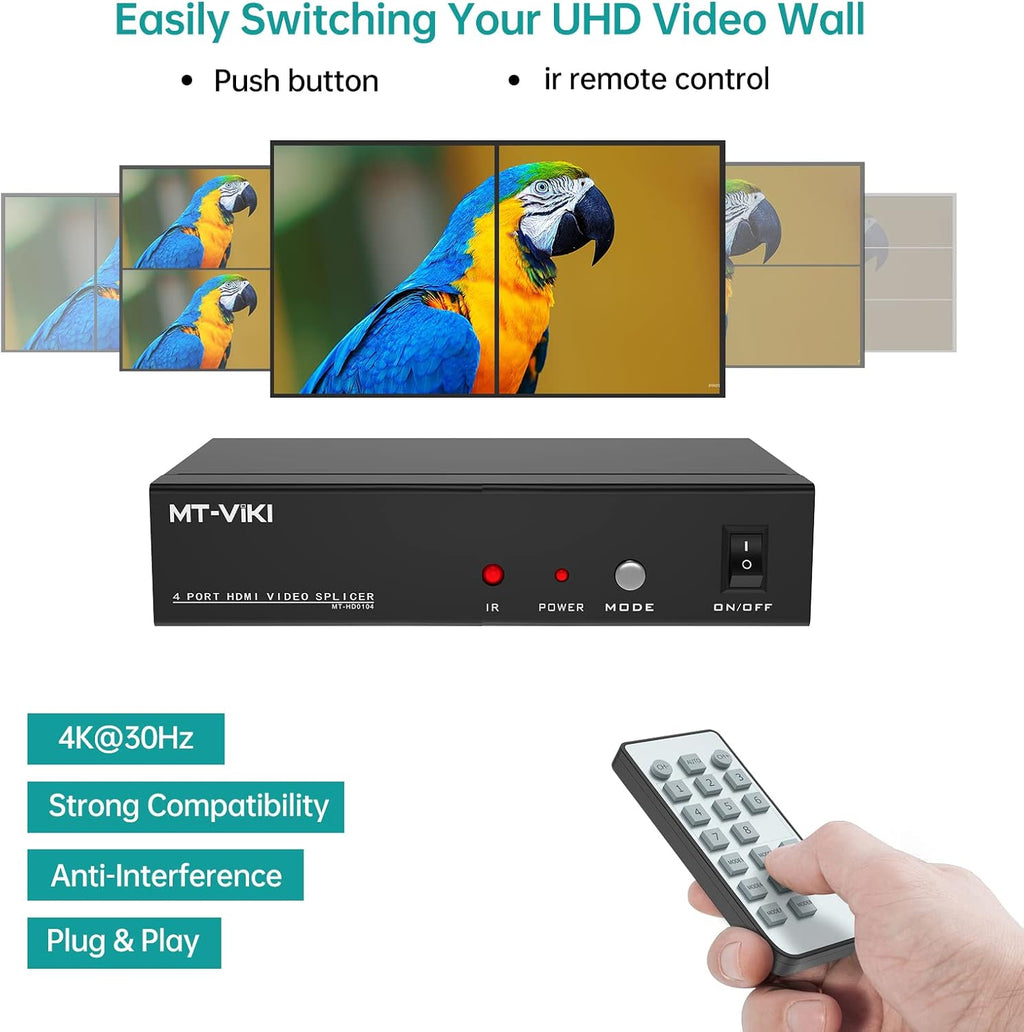 Video Wall Controller 2x2, HDMI TV Wall Processor 4K@30Hz, 4 HDMI Output, 8 Splicing Display Modes V671497