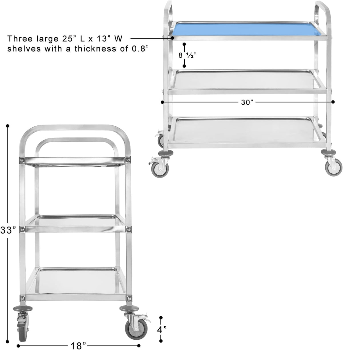 Stainless Steel 3 Tier Rolling Utility Cart with Swivel Locking Wheels F900632