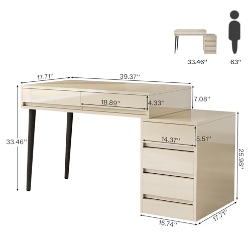 Beige Glossy Desk with 5 Drawers P271370