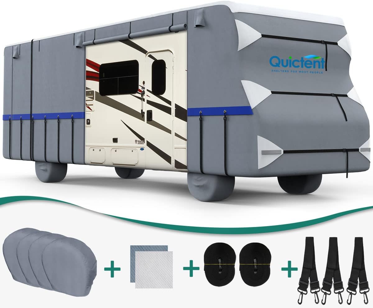RV Cover, Extra-Thick 6-ply, Fits 29-32Ft Motorhome, Breathable Waterproof Rip-Stop Anti-UV with 2 Windproof Straps, 4 Tire Covers Q93325