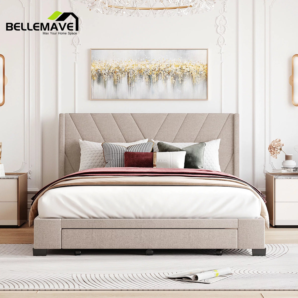 Beige Linen Upholstery Queen Size Platform Bed with 3 Drawers Y1080