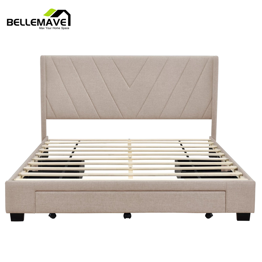 Beige Linen Upholstery Queen Size Platform Bed with 3 Drawers Y1080