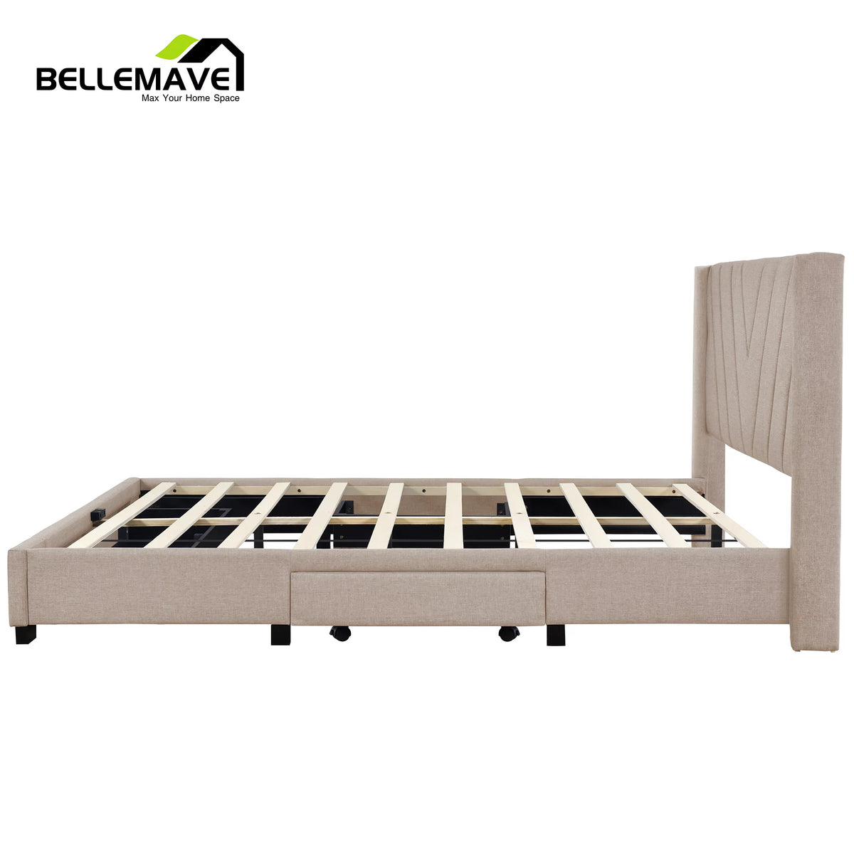 Beige Linen Upholstery Queen Size Platform Bed with 3 Drawers Y1080