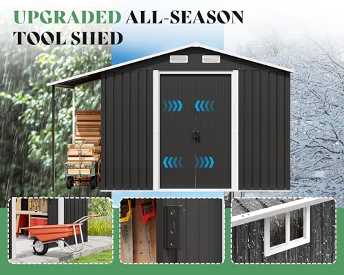 10.6x10.3x6.3 FT Outdoor Storage Shed with Sliding Doors & Two 4-Pane Windows, Dark Grey/White E257