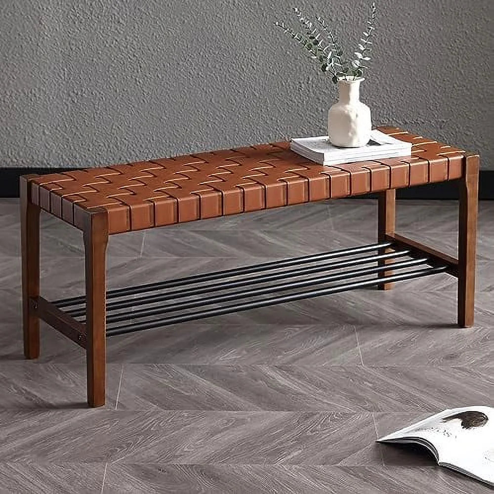 Brown 45 Inch Woven Wood Accent Bench with Metal Shoe Rack Q941245