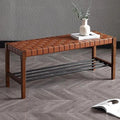 Brown 45 Inch Woven Wood Accent Bench with Metal Shoe Rack Q941245
