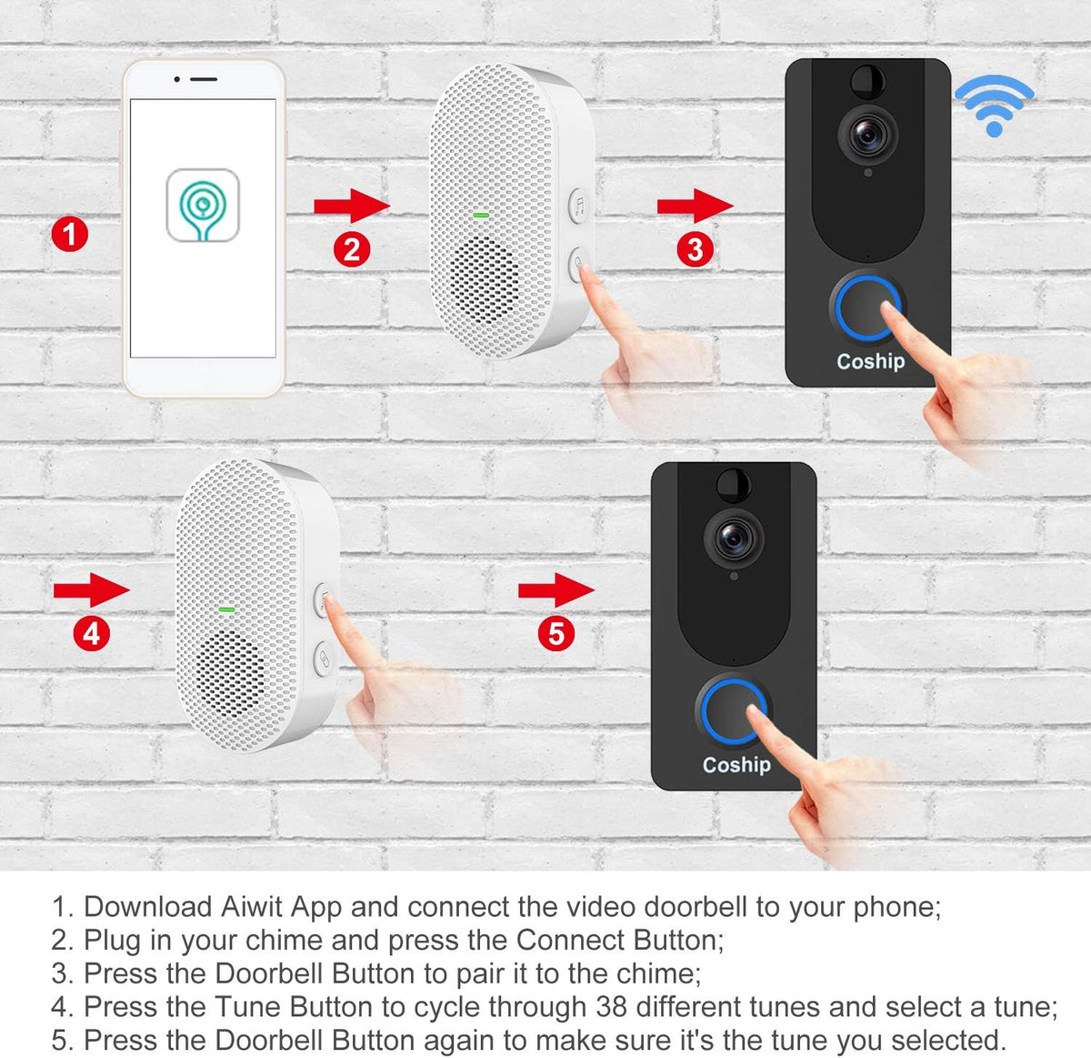 WiFi Video Doorbell Camera, 1080P HD, Night Vision, 2-Way Audio U162792